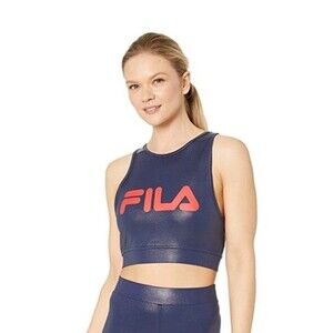 FILA Womens Tank Small Spell Out Logo Shiny Cropped Athletic Active Gym Blue Red